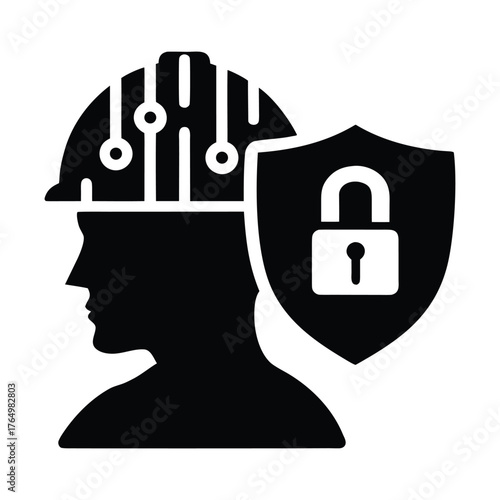 Cybersecurity worker with helmet and shield padlock for it infrastructure protection design