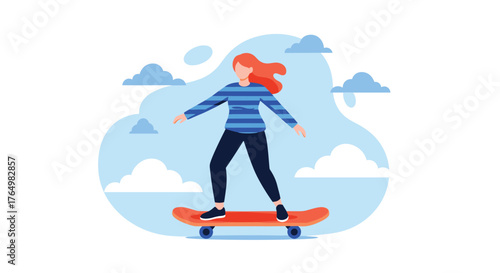 Woman Skateboarding with Clouds in the Background.