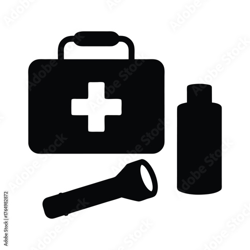 First aid kit medical supplies emergency kit with flashlight and bottle vector illustration