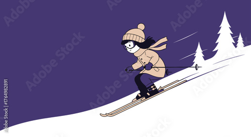 Cartoon Skier on Snowy Slope - Winter Sports Adventure.