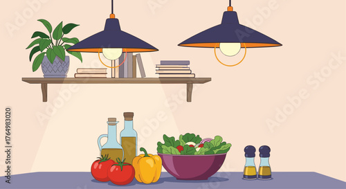 Healthy Salad Preparation with Fresh Ingredients Under Warm Lighting.