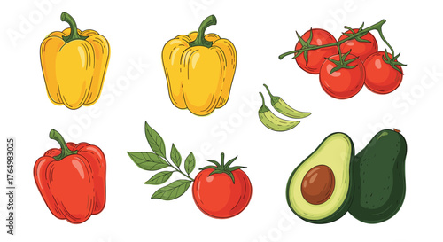 Fresh Vegetables - Peppers, Tomatoes, and Avocados Illustration.