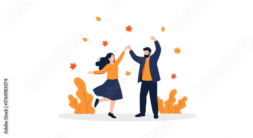Couple Enjoying Autumn Season with Falling Leaves.