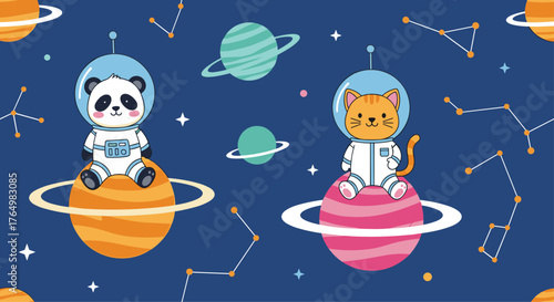 Cosmic Companions - Panda and Cat Astronauts in Space.