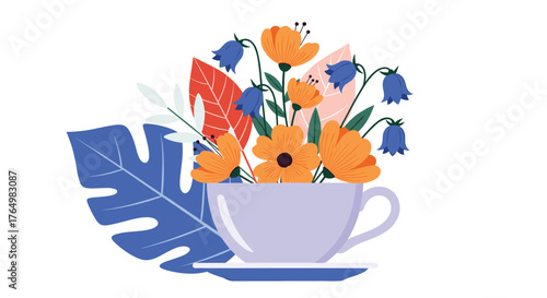 Floral Tea Cup Still Life Illustration.
