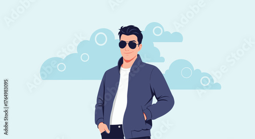 Confident Man in Sunglasses and Jacket Against Cloudy Sky.