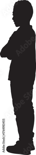 vector, silhouette of side view of a boy standing arms crossed