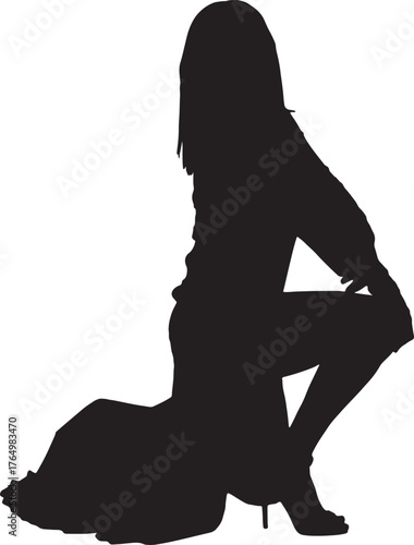 vector,silhouette of side  view of sensual woman sitting on knees posing in long dress, looking at camera