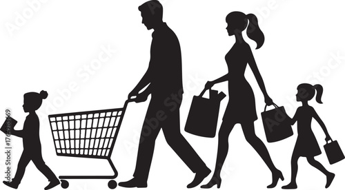 Black silhouette family with shopping cart and bags walking vector