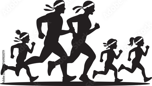 Black silhouette of a family running together wearing headbands jogging race
