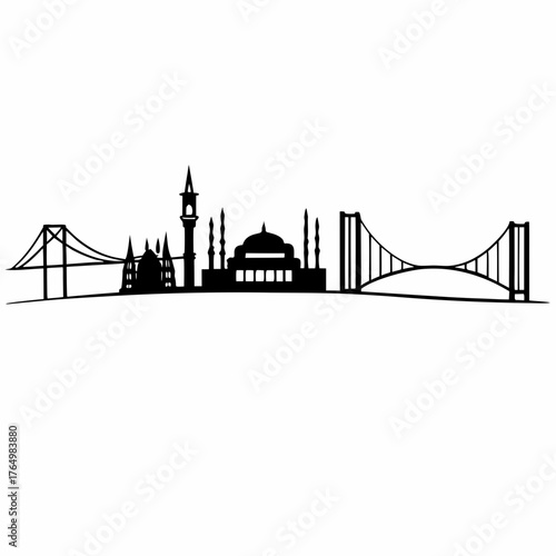 Silhouette of istanbul skyline with bridges and mosques against a white background design vector art