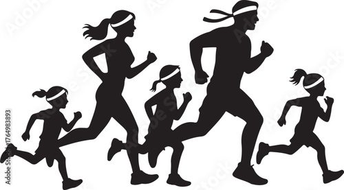 Black silhouette of a family running together wearing headbands jogging fitness