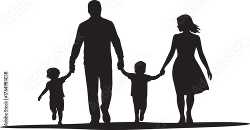 Black silhouette of a family walking hand in hand with two children people parents