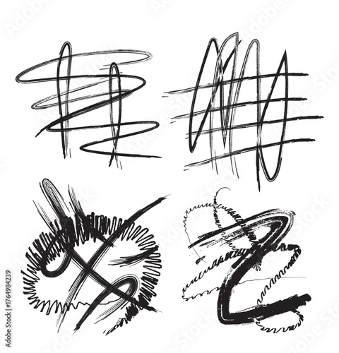 Abstract black ink scribbles and brushstrokes creating chaotic artistic patterns