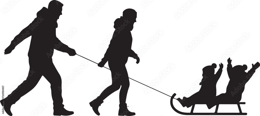 Obraz premium Silhouette of a family pulling children on a sled in the snow vector