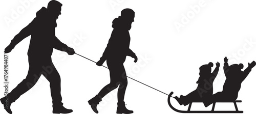 Silhouette of a family pulling children on a sled in the snow vector