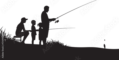 Silhouette of a family fishing by the water with grass and a fishing rod vector