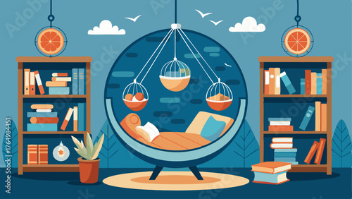 A cozy reading nook with a hanging rope swing chair surrounded by shelves filled with seashells and nauticalthemed books.