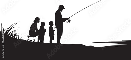 Silhouette of a father fishing with two children by the water with grass vector
