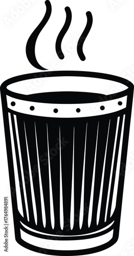 Vector art of a black and white illustration of a steaming cup of coffee or tea in a glass