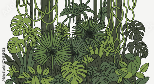 Lush botanical illustration depicts dense tropical foliage and hanging vines against a stark background