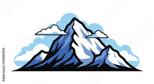 Stylized depiction of a towering, snow-covered mountain peak partially obscured by clouds