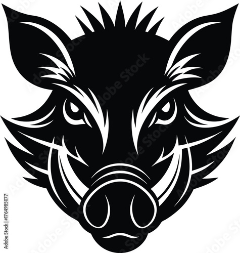 Vector art of stylized black and white illustration of a wild boar head with sharp tusks and spiky mane, isolated on a