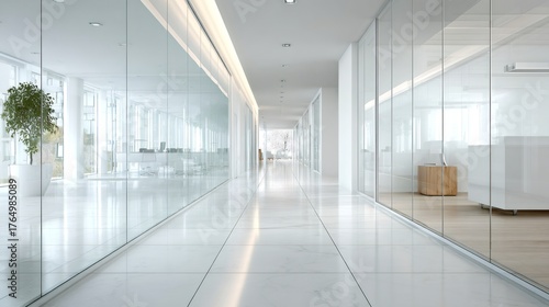 Bright, empty modern office hallway showcasing a clean, minimalist interior with glass partition walls creating a sense of transparency