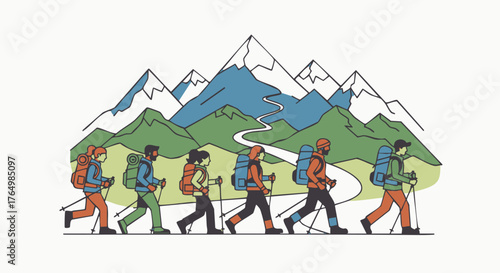 Group of people trekking with backpacks and poles on a winding path before majestic snow-capped mountains