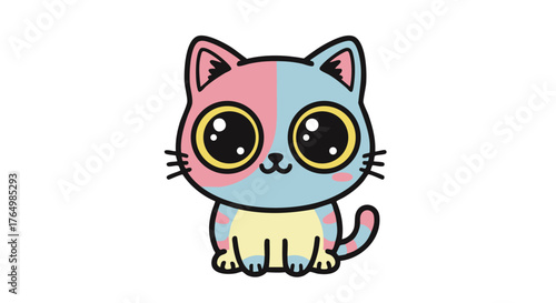 Adorable cartoon kitten displays large eyes and multicolored fur patterns