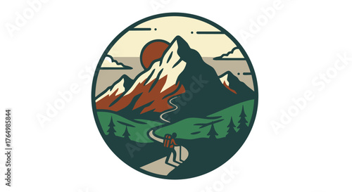 Stylized illustration depicts a solitary hiker ascending a winding trail toward majestic, snow-capped mountains at sunrise or sunset