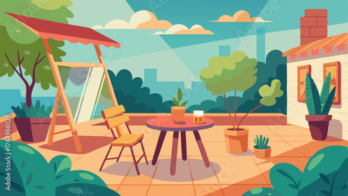 A cozy outdoor patio area perfect for outdoor painting or holding art classes in the sunshine.