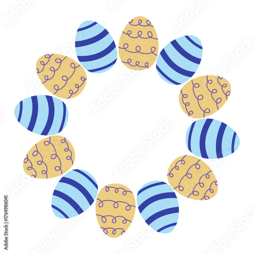 Colorful decorative eggs arranged in a circular pattern for spring celebration events