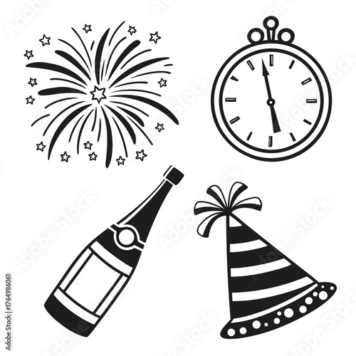 New years eve party icons with fireworks and champagne