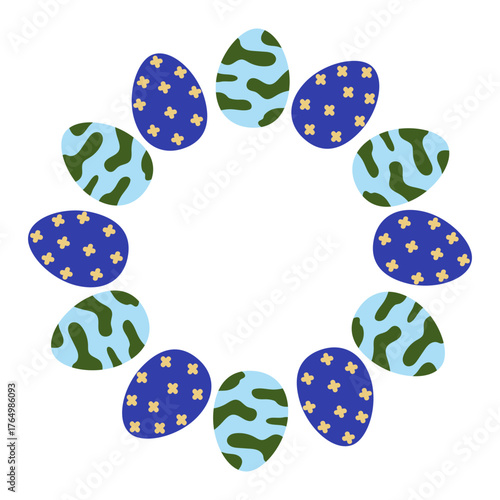 Colorful Easter eggs arranged in a decorative circular pattern on a white background