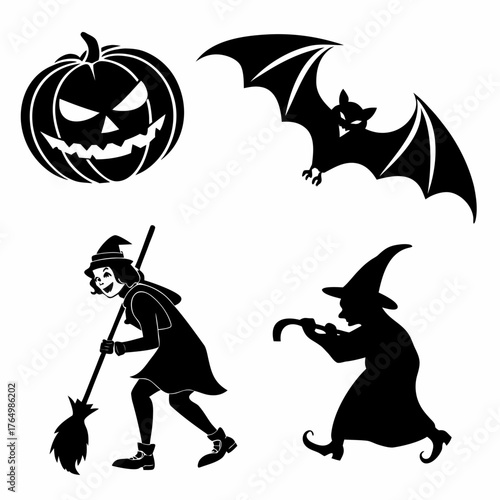 Halloween silhouette set with pumpkin, bat, witch and girl