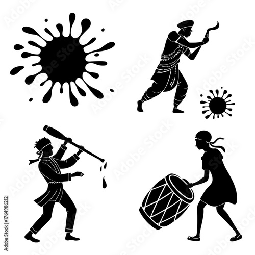 Canvas Print Silhouette illustration of people celebrating the indian festival of holi