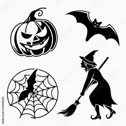 Halloween silhouette set with pumpkin, bat, spider web and witch