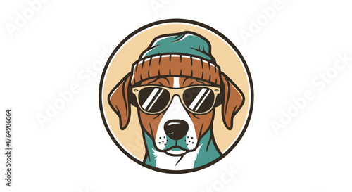 Stylized illustration depicts a canine wearing a knitted cap and protective eyewear