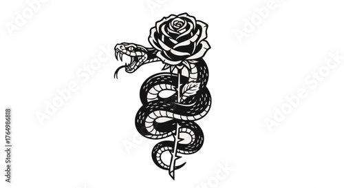 Black and white graphic illustration depicts a coiled reptile entwined around a flowering plant stem