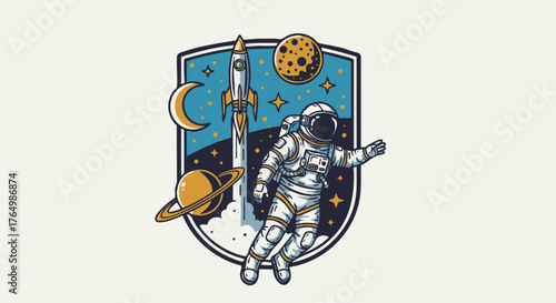 Stylized cosmic scene features an astronaut floating near a launching rocket and celestial bodies within a shield shape