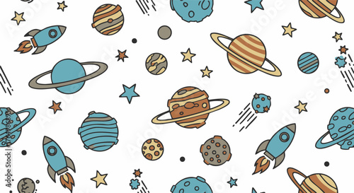 Whimsical celestial objects and spacecraft repeat across a bright white background