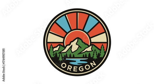 Stylized circular emblem depicting a mountainous landscape under a rising sun