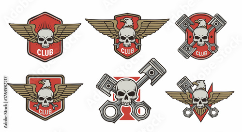 Collection of stylized emblems featuring skulls, wings, and mechanical parts for enthusiast groups