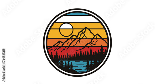 Retro styled circular emblem depicts a mountain range with a sun setting over a forested lake scene