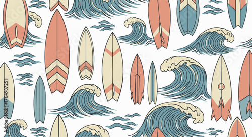 Repeating pattern featuring various stylized surfboards interspersed with crashing ocean waves