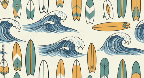 Vintage style illustration of ocean waves and surfboards creates a seamless repeating pattern