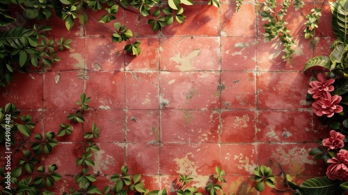 A red tile floor with beautiful flowers and leaves growing on it