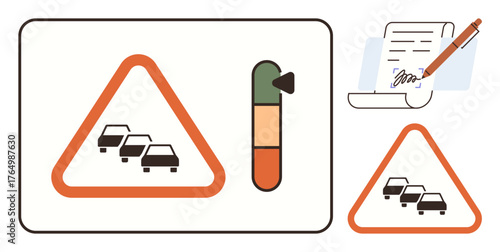 Triangular traffic congestion warning, severity gauge with color levels, signing document with pen. Ideal for traffic, safety, warnings, transportation, regulation permission agreements. Simple