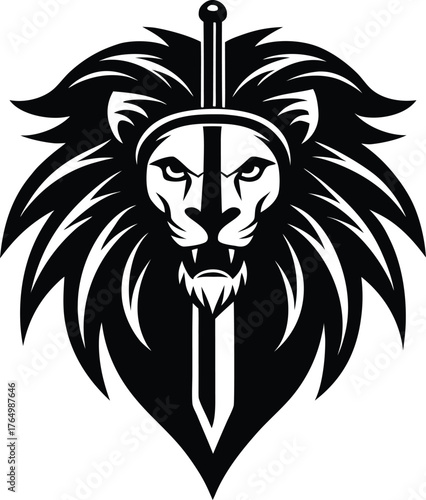 Vector art of a fierce lion head with a sword piercing through it, isolated on a, symbolizing power and courage